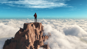 Man who has climbed mountain looks peaceful