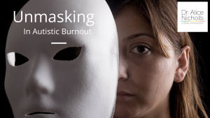 Image of white woman looking out from behind a mask