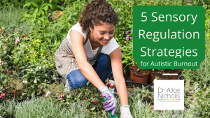 photo of black woman gardening wearing gloves and smiling. Text reads 5 sensory regulation strategies in Autistic Burnout