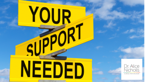 picture shows yellow crossroad sign on a bright blue sky background. text reads 'your support needed'